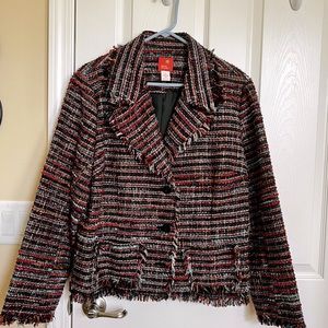 Tweed Textured, Multi-Black, Red, & Blue-Fringed Fitted Blazer. Hearts of Palm.
